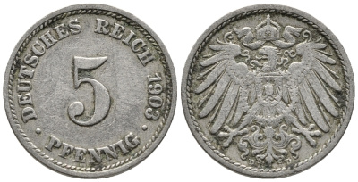 ГЕРМАНИЯ 5 ПФЕННИГОВ 1903 D KM 11, J. 12 медно-никель 39-763
