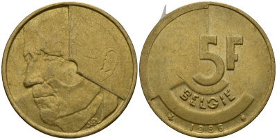Бельгия 5 франков 1986 Belgie KM 164 алюминиевая бронза 4601-643