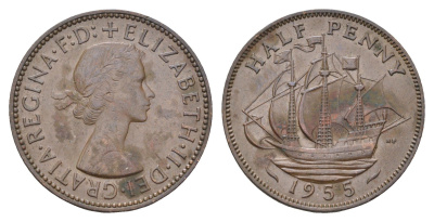 Великобритания 1/2 пенни 1955 Елизавета II (1952-2022) KM 896, Spink 4158 бронза    4660-634