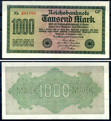 Германия 1000 марок 1922 выпуск 15 сентября 1922, водяной знак J, зеленая бумага, серия GP, буква Xb Pick 76 g (3) бумага 6279-33-3-2