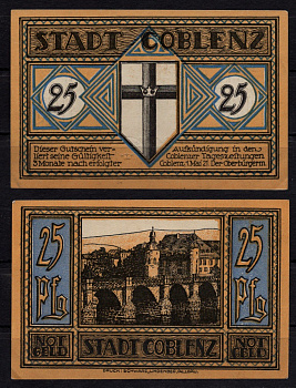 Германия 25 пфенингов 1921 нотгельд, город Кобленц DeNG 2  0233.1-1/4 бумага 7198-42-4-2