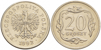 Польша 20 грошей 1992 MW KM 280 медно-никель UNC 4516-1226