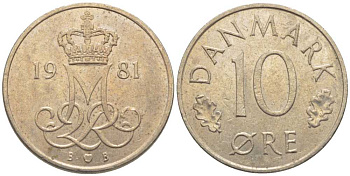 ДАНИЯ 10 ЭРЕ 1981 B; B, МАРГРЕТЕ II (1972-) KM 860.2 медно-никель 116-252