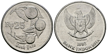 Индонезия 25 рупий 1992 мускатный орех KM 55 алюминий 4136-1038