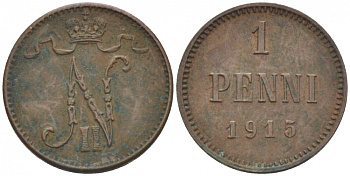 РОССИЯ ДЛЯ ФИНЛЯНДИИ 1 ПЕННИ 1915 НИКОЛАЙ II KM 13, Биткин 475 медь 261-1121