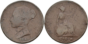 Великобритания 1/2 пенни 1843 Виктория (1837-1901) KM 726, Spink 3949 медь 4126-726