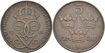 Швеция 5 эре 1915 Густав V (1907-1950) KM 779.2 бронза 4557-542