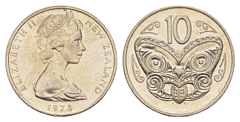 Новая Зеландия 10 центов 1978 Елизавета II (1952-2022), маска маори KM 41 медно-никель 4652-642