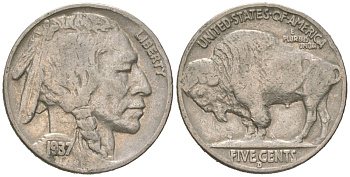 США 5 центов 1937 D, индеец, бизон KM 134 медно-никель 4602-1011