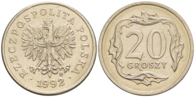 Польша 20 грошей 1992 MW KM 280 медно-никель UNC 4516-1226