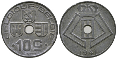 БЕЛЬГИЯ 10 САНТИМОВ 1941 BELGIQUE-BELGIE, ГЕРМАНСКАЯ ОККУПАЦИЯ, ВТОРАЯ МИРОВАЯ ВОЙНА KM 125 цинк 177-1023