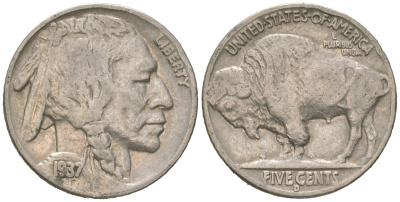 США 5 центов 1937 D, индеец, бизон KM 134 медно-никель 4602-1011