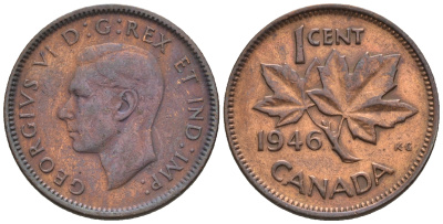 Канада 1 цент 1946 Георг VI (1937-1952), кленовый лист KM 32 бронза 4609-111