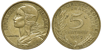 ФРАНЦИЯ 5 САНТИМОВ 1969 ТИП MARIANNE KM 933 медь алюминий никель 72-627