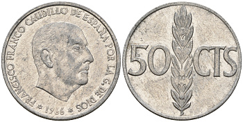 Испания 50 сентимо 1966 (73) Франсиско Франко (1939-1975) KM 795 алюминий    4152-1118