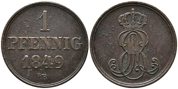 Ганновер 1 пфенниг 1849 B, Эрнст Август (1837-1851) KM 201.1, AKS 129, J. 74 медь 4448-1026