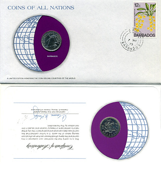 Барбадос 25 центов 1979 конверт с маркой первого дня гашения, Coins of Nations KM 13 медно-никель UNC 4294-25-1