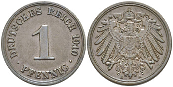 ГЕРМАНИЯ 1 ПФЕННИГ 1910 A KM 10, Jager. 10, Weege 2 медь 4528-1261