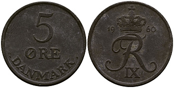 Дания 5 эре 1960 C; S, Фредерик IX (1947-1972) KM 843.2 цинк 4165-933