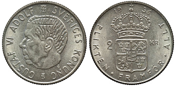 Швеция 2 кроны 1956 TS, Густав VI Адольф (1950-1973) KM 827 серебро 221-546