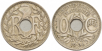 ФРАНЦИЯ 10 САНТИМОВ 1936 ТИП ЛИНДАЙЁ KM 886а медно-никель 33-855
