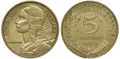 ФРАНЦИЯ 5 САНТИМОВ 1969 ТИП MARIANNE KM 933 медь алюминий никель 72-627