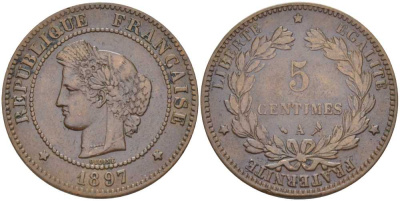 ФРАНЦИЯ 5 САНТИМОВ 1897 А, ТРЕТЬЯ РЕСПУБЛИКА (1871-1940) KM 821.1, LE FRANC 118.41 бронза 4395-614