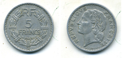 Франция 5 франков 1949 В, тип Лаврийе KM 888b.2, LE FRANC 339.19 алюминий 84-712