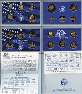 США официальный набор из 10 монет, в 2 пластиковых сетах 2003 годовой набор и юбилейные монет 25 центов, в оригинальной коробке, сертификат KM PS 209   PROOF  8-2-04-33