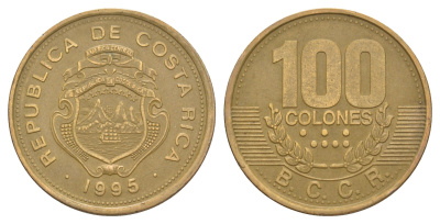Коста-Рика 100 колонов 1995 KM 230 сталь плакированная латунью 4631-323