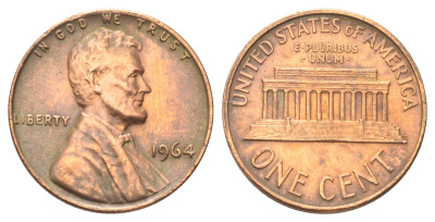 США 1 цент 1964 Линкольн KM 201 медь цинк 214-364