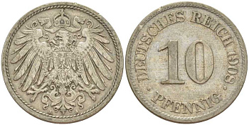 ГЕРМАНИЯ 10 ПФЕННИГОВ 1908 A KM 12, J. 13, Weege 8 медно-никель 212-125