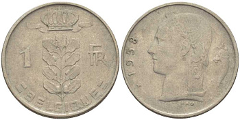 БЕЛЬГИЯ 1 ФРАНК 1958 BELGIQUE, БОДУЭН I (1951-1993) KM 142.1 медно-никель 119-446