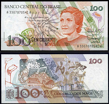 Бразилия 100 новых крузадо 1989 серия А 3307, Сесилия Мейреллеш Pick 220 a бумага UNC (пресс) 2197-45-2-1