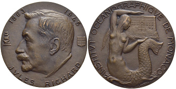 Франция медаль ND Жюль Ричард (1863-1945) французский учёный океанограф, директор (референт принца) музея океанографии в Монако (1900-1945), русалка, диаметр 58 мм.  бронза   00-00