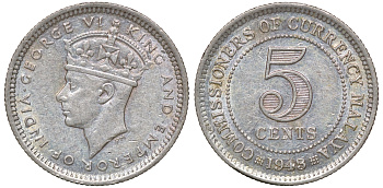 Британская Малайя 5 центов 1943 Георг VI (1937-1952) KM 3a серебро 53-153