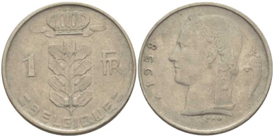 БЕЛЬГИЯ 1 ФРАНК 1958 BELGIQUE, БОДУЭН I (1951-1993) KM 142.1 медно-никель 119-446