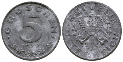 АВСТРИЯ 5 ГРОШЕЙ 1972 KM 2875 цинк 57-552