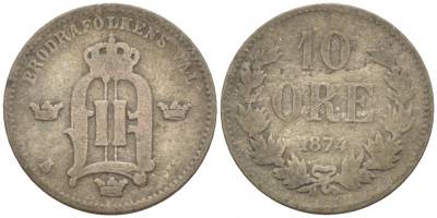 Швеция 10 эре 1874 ST, Оскар II (1872-1907) король Швеции и Норвегии KM 7937 (517) серебро 3309-833