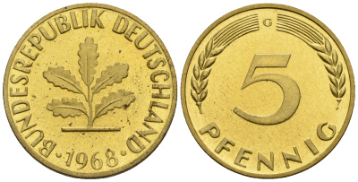 ФРГ 5 пфеннигов 1968 G KM 107, J. 382 сталь плакированная латунью PROOF 1094-7-24