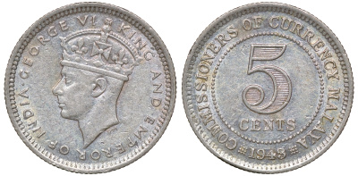 Британская Малайя 5 центов 1943 Георг VI (1937-1952) KM 3a серебро 53-153