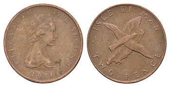 Остров Мэн 2 пенса 1976 птица, Елизавета II (1952-2022) KM 34 бронза 4604-1236