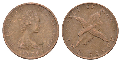 Остров Мэн 2 пенса 1976 птица, Елизавета II (1952-2022) KM 34 бронза 4604-1236