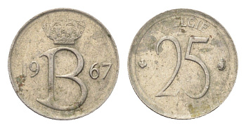 Бельгия 25 сантимов 1967 Belgie, Бодуэн I (1951-1993) KM 154 медно-никель 4705-347