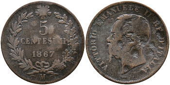 ИТАЛИЯ 5 ЧЕНТЕЗИМО 1867 М, ВИКТОР ИМАНУИЛ II KM 3.2 медь 28-836