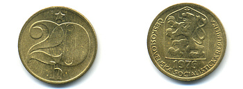 ЧЕХОСЛОВАКИЯ 20 ГЕЛЛЕРОВ 1976 KM 74 латунь 89-1816
