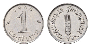 Франция 1 сантим 1968 KM 928, Le Franc 106.15 нержавеющая сталь 188-1233