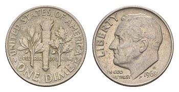 США 1 дайм (10 центов) 1968 D, президент Рузвельт KM 195a медь плакированная медно-никелем 4649-1264