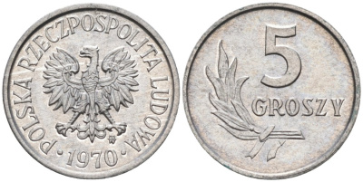 Польша 5 грошей 1970 MW  KM A46, Parchimowicz 204j алюминий UNC 4564-1045