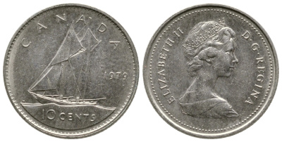 Канада 10 центов 1979 Елизавета II (1952-2022), парусник KM 77.2 никель 179-1053
